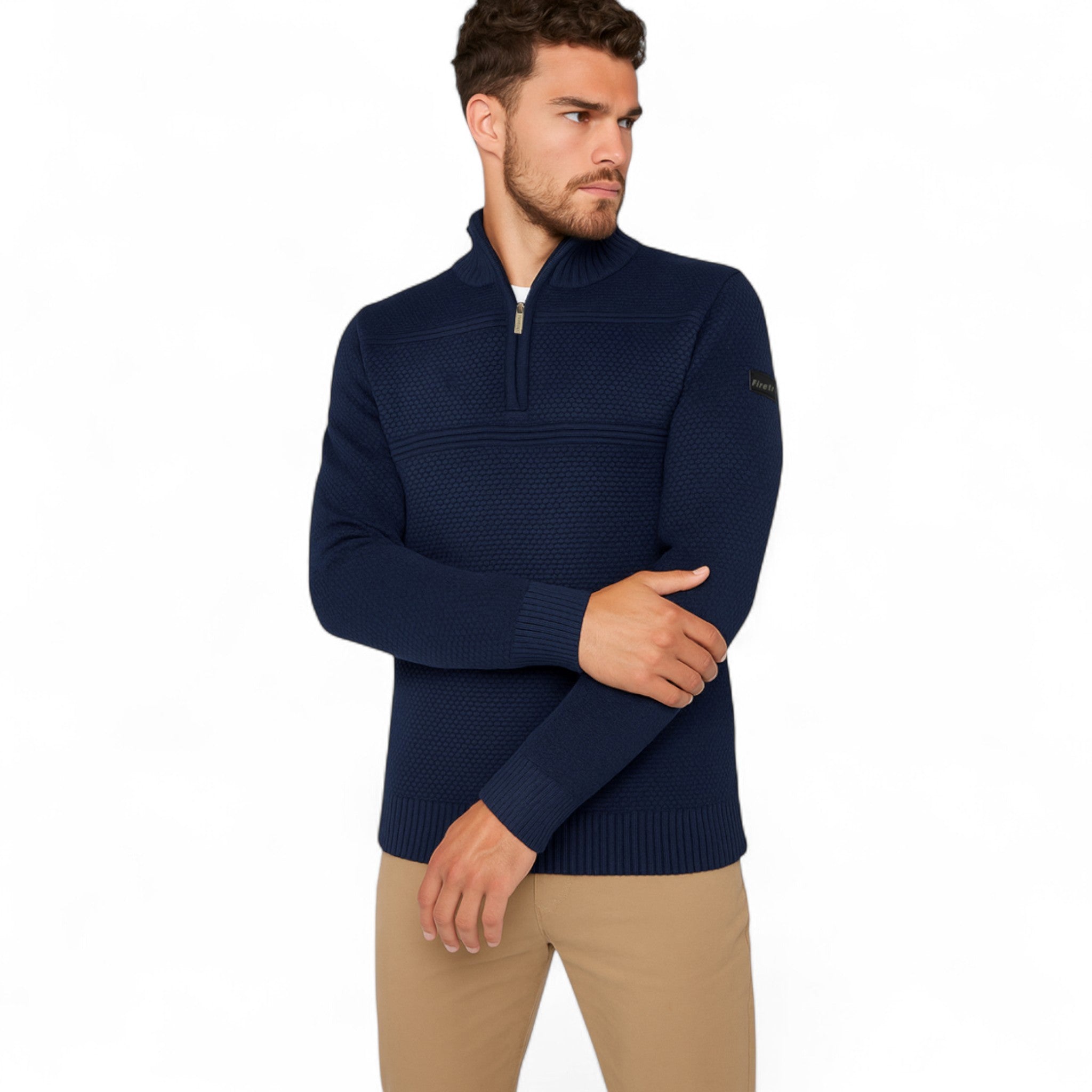 Firetrap men’s ¼ zip jumper in navy – textured knit funnel neck sweater